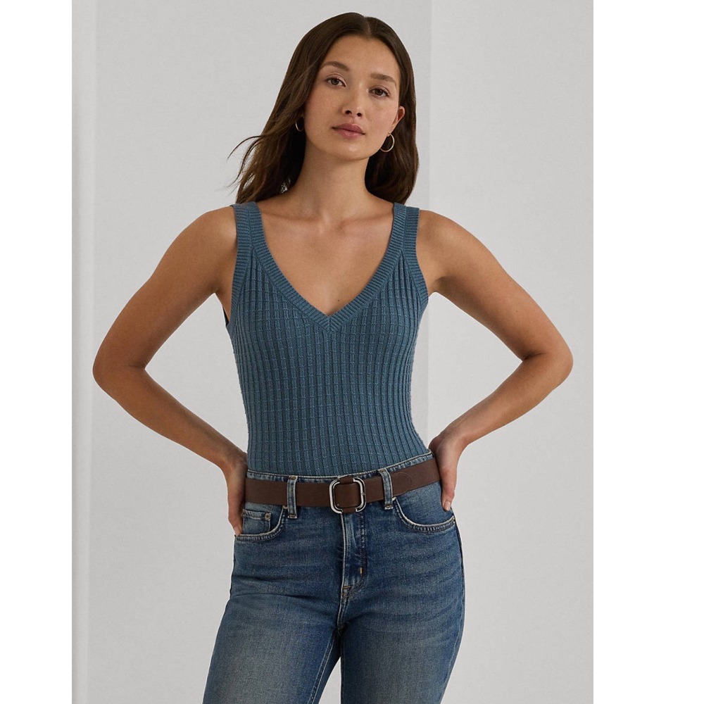 Lauren Ralph Lauren Blue Ribbed V-Neck Sweater Tank Top Cropped Cotton Modal XL